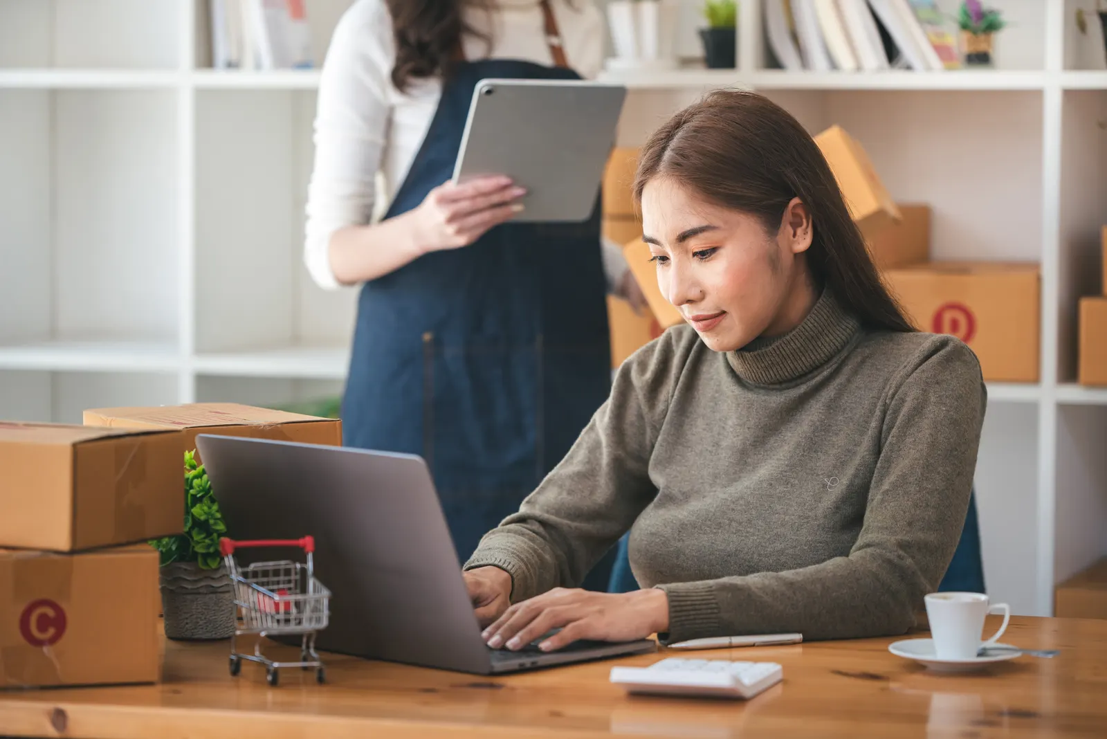 Two business owners working together in their office